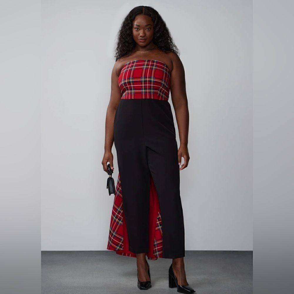New York & Company Tartan‎ Bow Waist Train Jumpsuit-Size XXL